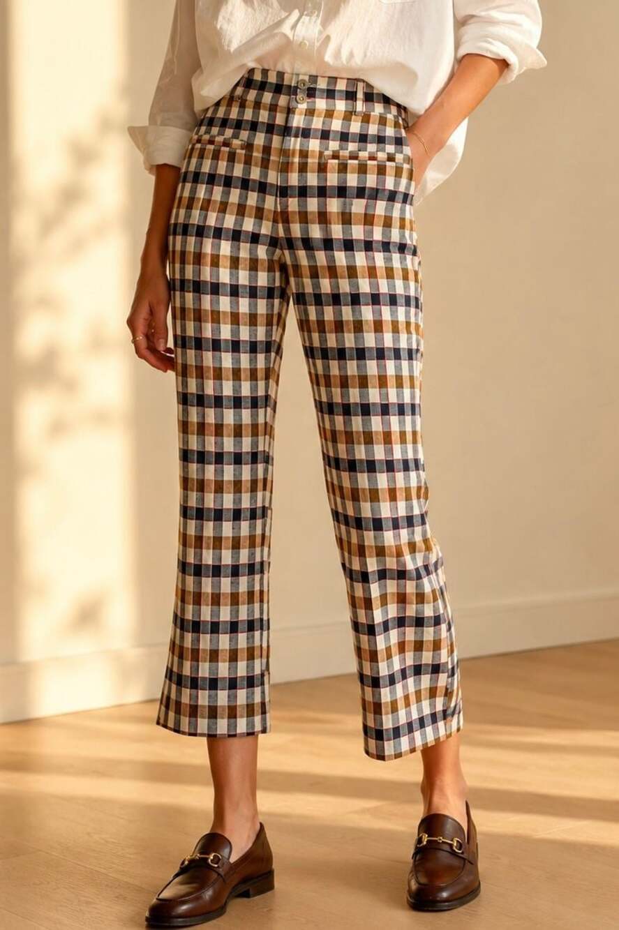 Anthropologie Plaid Corduroy Crop Pants Stretch  Preppy Size 4